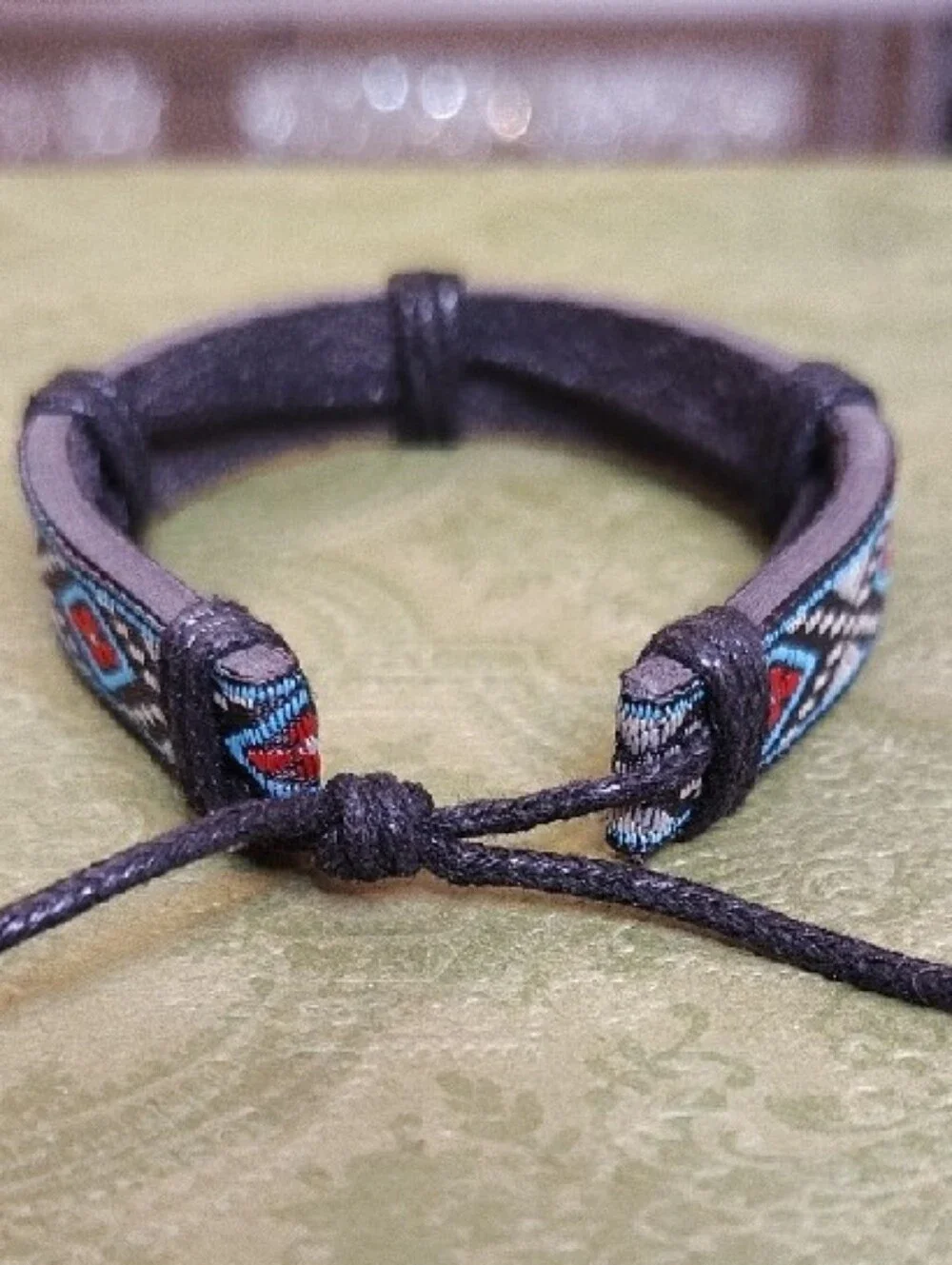 Braided PU Vegan Leather Bracelet with Blue and Red Woven Pattern